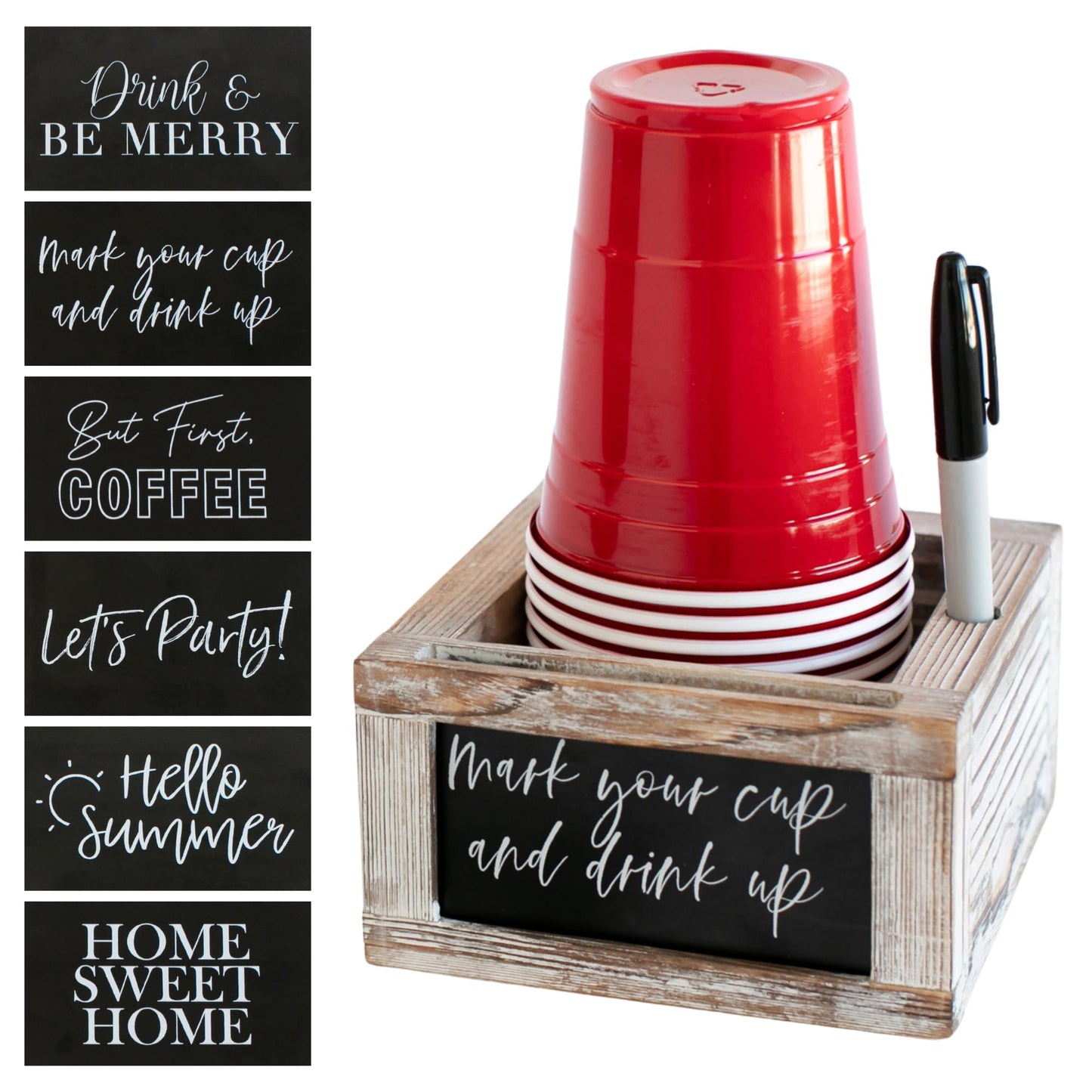 Rustic Party Cup Holder With Marker Slot- Drink Caddy With Interchangeable Signs- Mark Your Cup And Drink Up-Hosting Essentials Wood Cup Dispenser- Brunch Supplies- Disposable Cup Holder Hostess Gifts