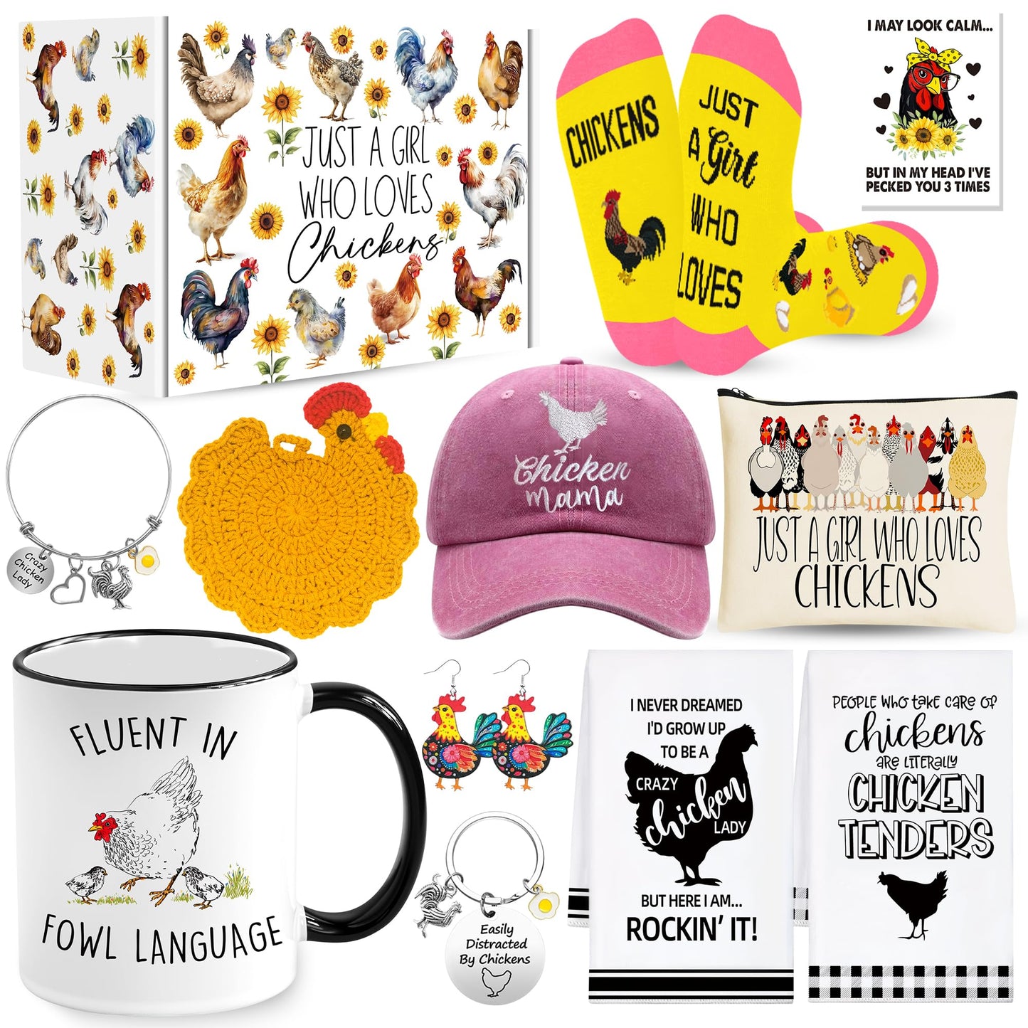 Chicken Gifts, Chicken Lover Gifts for Women, Funny Chicken Stuff with 11 Oz Coffee Mug Coaster Hat Socks Makeup Bag 2 Chicken Kitchen Towel Bracelet Keychain, Chicken Lady Birthday Chirstmas Gift