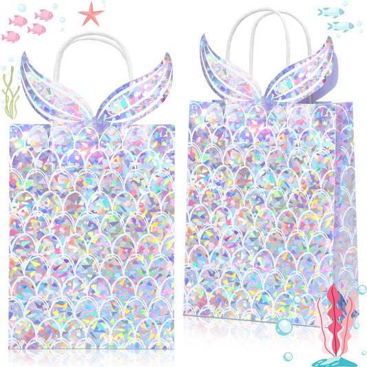 Watersay 24 Pcs Holographic Mermaid Gift Bags Iridescent Mermaid Party Favor Goodie Candy Treat Bags with Handles for Birthday Baby Shower Little Decorations