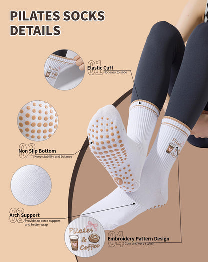 Yawlsow Pilates Grip Socks for Women Yoga Grippy Socks Cute Barre Non Skid Athletic Crew Sticky Sock Workout Hospital