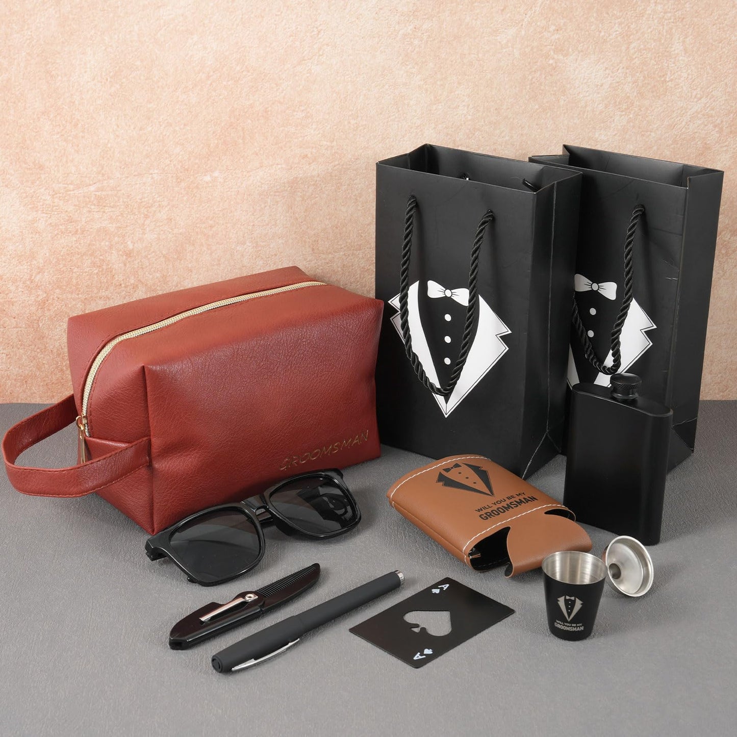 60 Pcs Groomsmen Proposal Gifts Set of 6 – Gift Bags with Shot Glasses Sunglasses PU Leather Toiletry Bag Bottle Opener Combs Coasters for Wedding Groomsman Best Man Bachelor Party