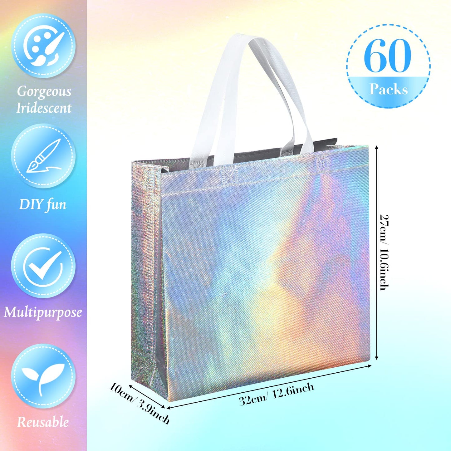 Eccliy 60 Pcs Reusable Gift Tote Bags Housekeeping Appreation Grocery Shopping Bag with Handles for Bridesmaid Wedding(Iridescent)