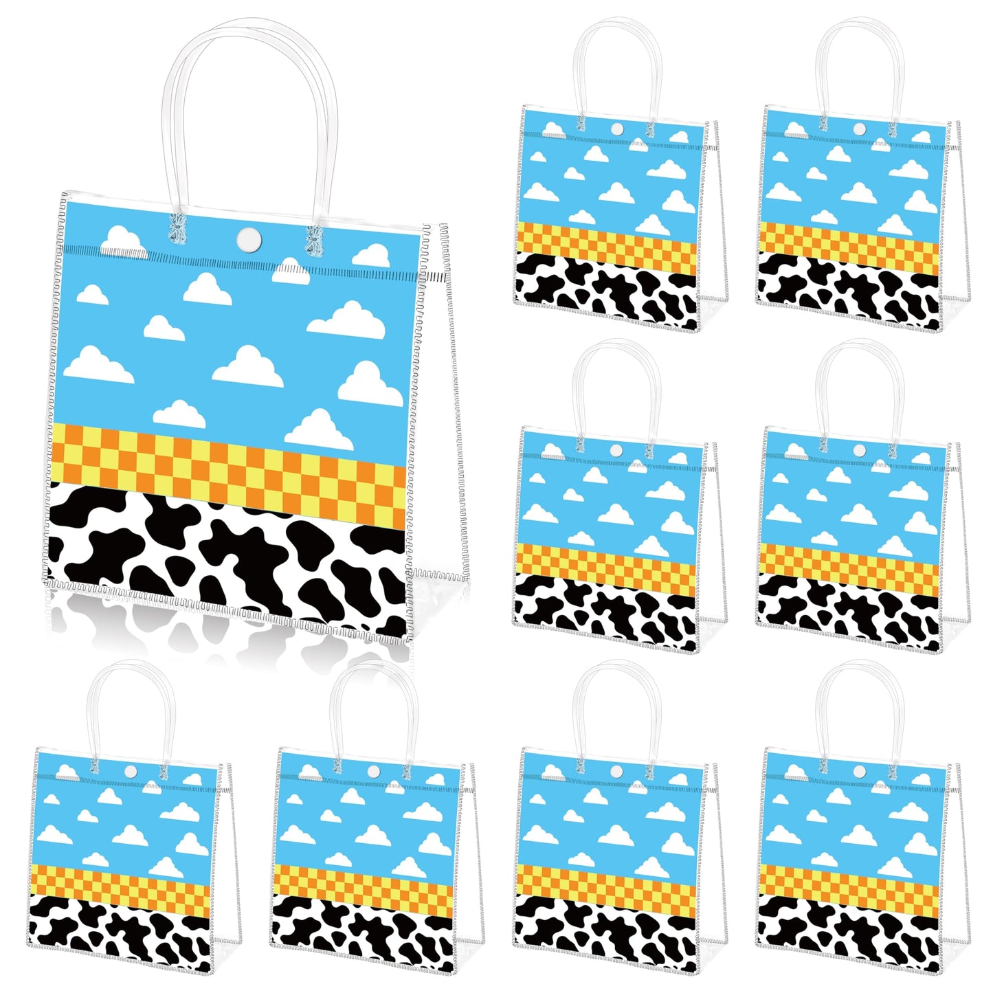 Wood Homing 24PCS Cartoon Story PVC Clear Gift Bag with Handle, Blue Sky White Cloud Cow Reusable Plastic Party Favor Bags for Kids, Toy Inspire Game Themed Goodie Bags Baby Shower Birthday Decoration