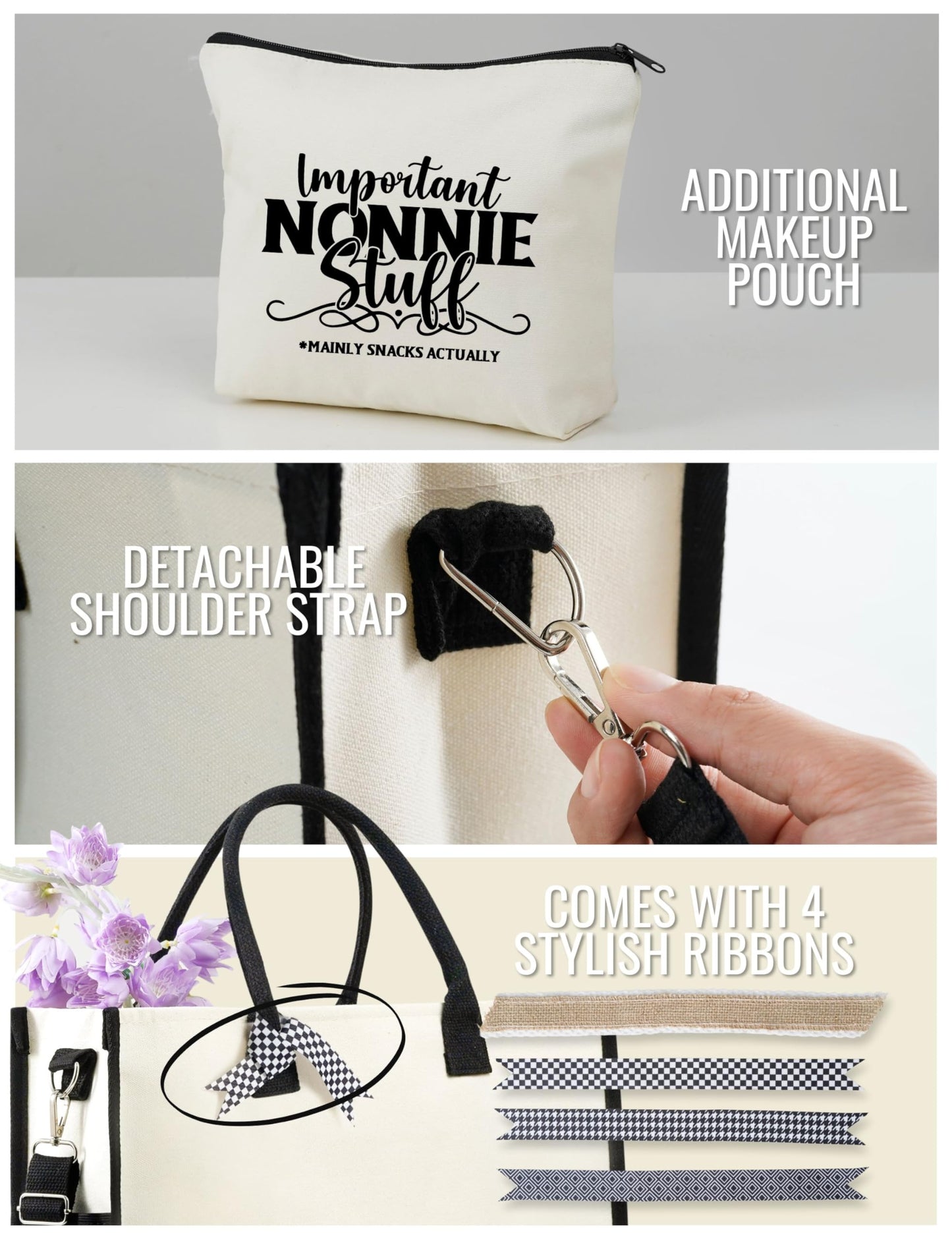 InnoBeta Nonnie Gifts Canvas Tote Bag for Grandma, Important NONNIE Stuff Bag with Top Zipper Closure and Shoulder Strap for Birthday, Mother's Day, Christmas