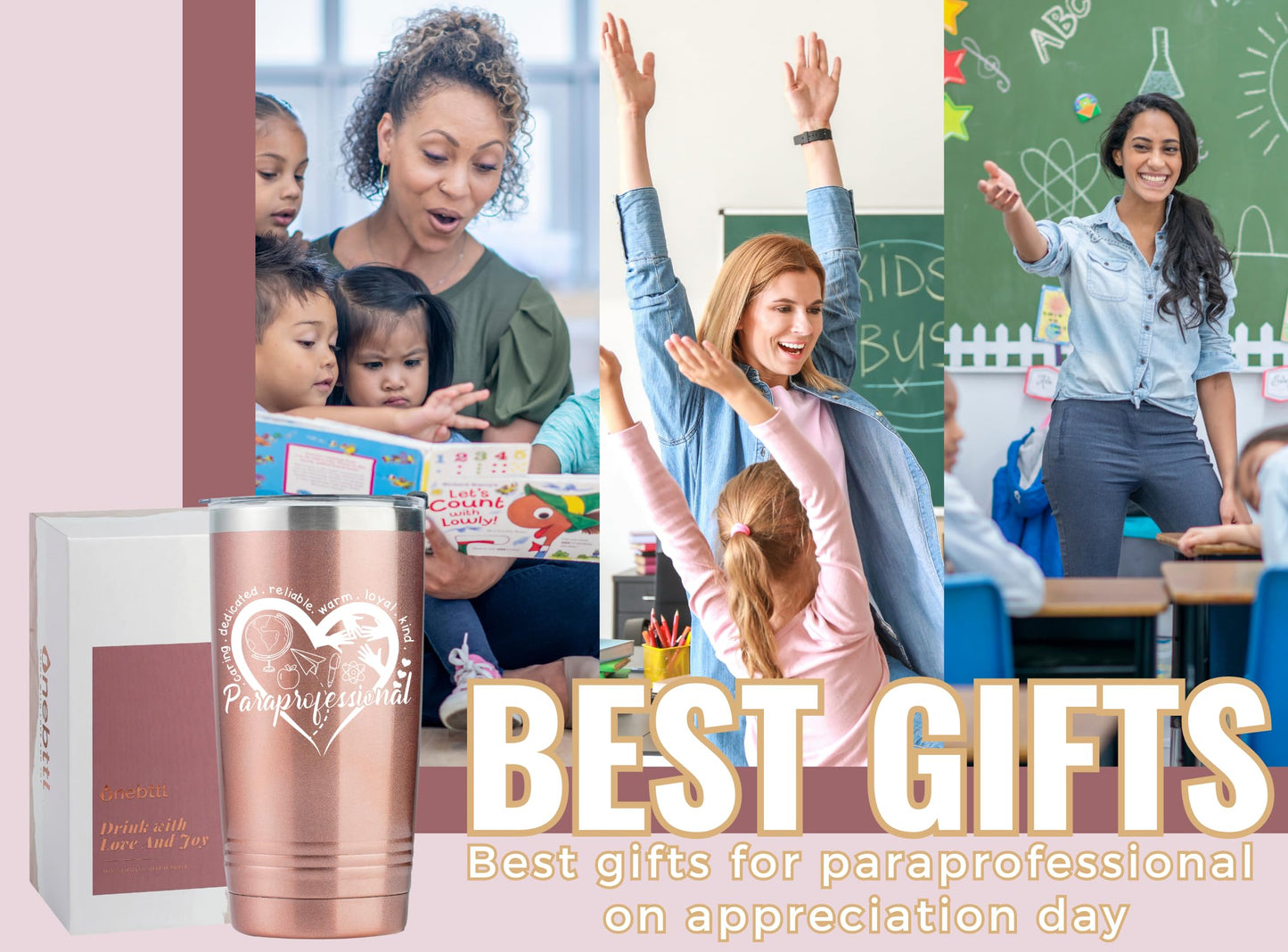 Onebttl Paraprofessional Appreciation Gifts, Gifts for Teacher Paraprofessional, 20oz Stainless Steel Rose Gold Insulated Tumbler with Lid & Straw - Heart