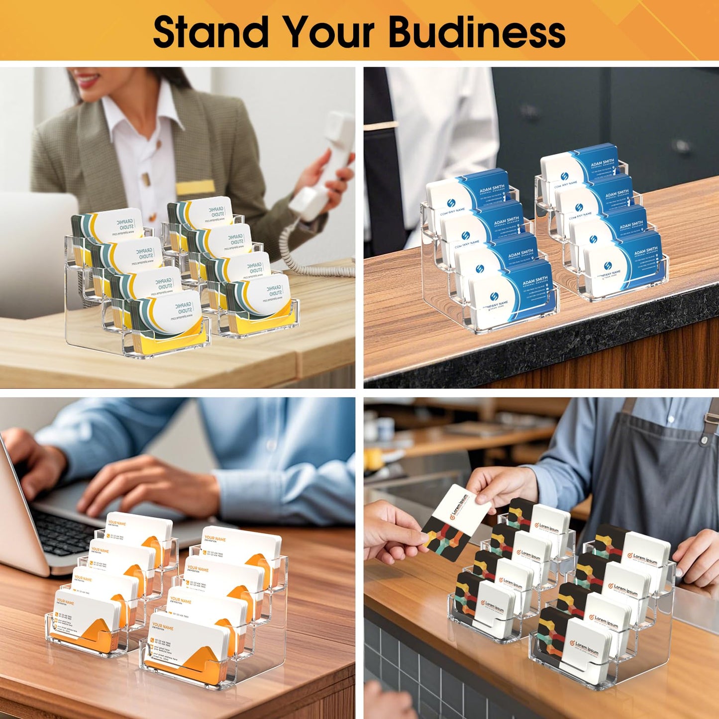 MaxGear Clear Business Card Holder, Acrylic Business Card Stand for Desk with 4 Tier, Clear Plastic Cards Display Holder for Exhibition, Home and Office, 320 Cards Capacity, 4 Pocket, 2 Pack