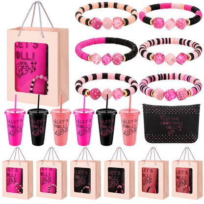 Remerry 24 Pcs Bunco Party Favors Let's Roll Plastic Cups with Lids and Straws Bunco Cosmetic Bags Dice Bracelets and Pink Gift Bags Casino Decoration for Guests Prize Bachelorette Birthday Wedding