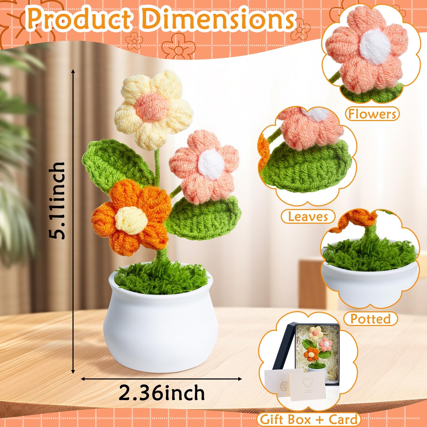 LAIDANLA Orange Crochet Puff Flowers Potted Plants, Small Handmade Crochet Flower Graduation Appreciation Birthday Gifts for Women Teacher Coworker Mom Friend Knitted Flower for Desk