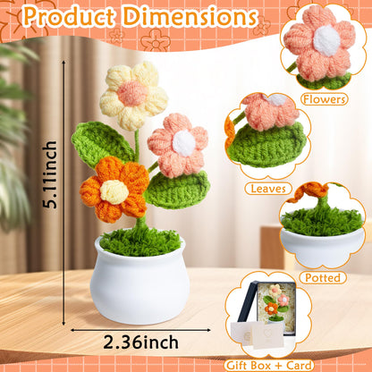 LAIDANLA Orange Crochet Puff Flowers Potted Plants, Small Handmade Crochet Flower Graduation Appreciation Birthday Gifts for Women Teacher Coworker Mom Friend Knitted Flower for Desk