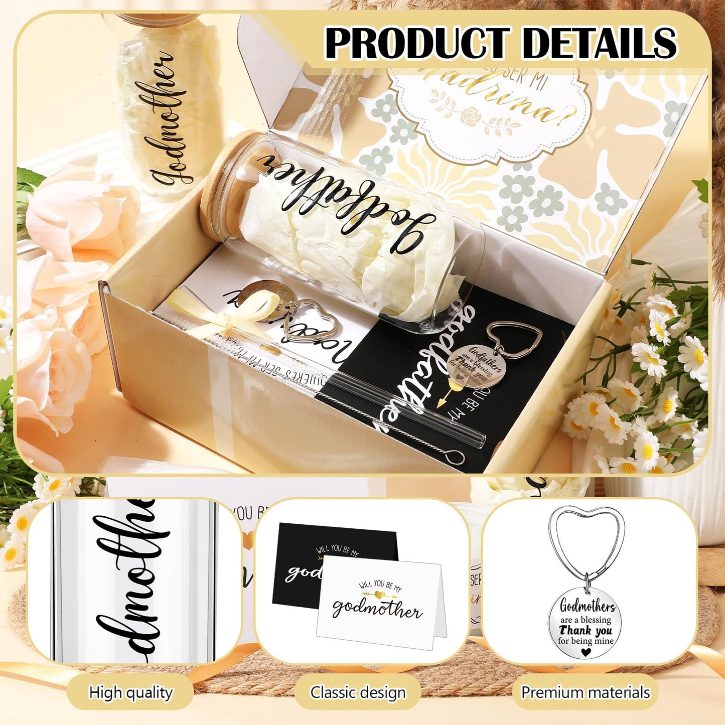 Mimorou 7 Pcs Fathers Day Godparents Proposal Gift Set Will You Be My Godparents from Godchild Godmother Godfather Gift with Glass Cups Keychains Cards Box for Birthday Baptism (Champagne)