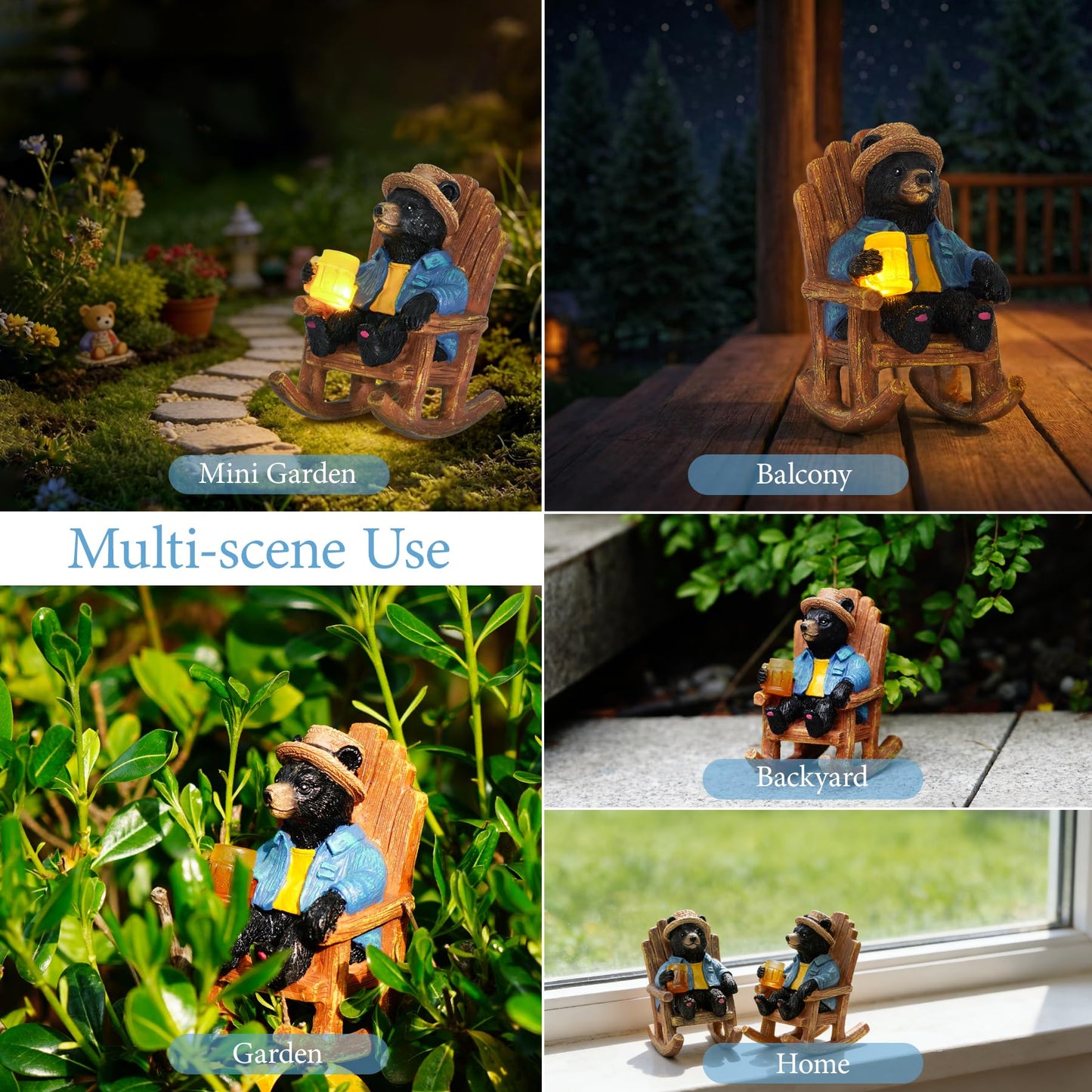 4.3" Miniature Solar Black Bear Garden Statue - Small Funny Bear in Rocking Chair with Glowing Beer Mug, Whimsical Outdoor Figurine for Patio & Desktop, Unique Birthday Gift for Dad/Men