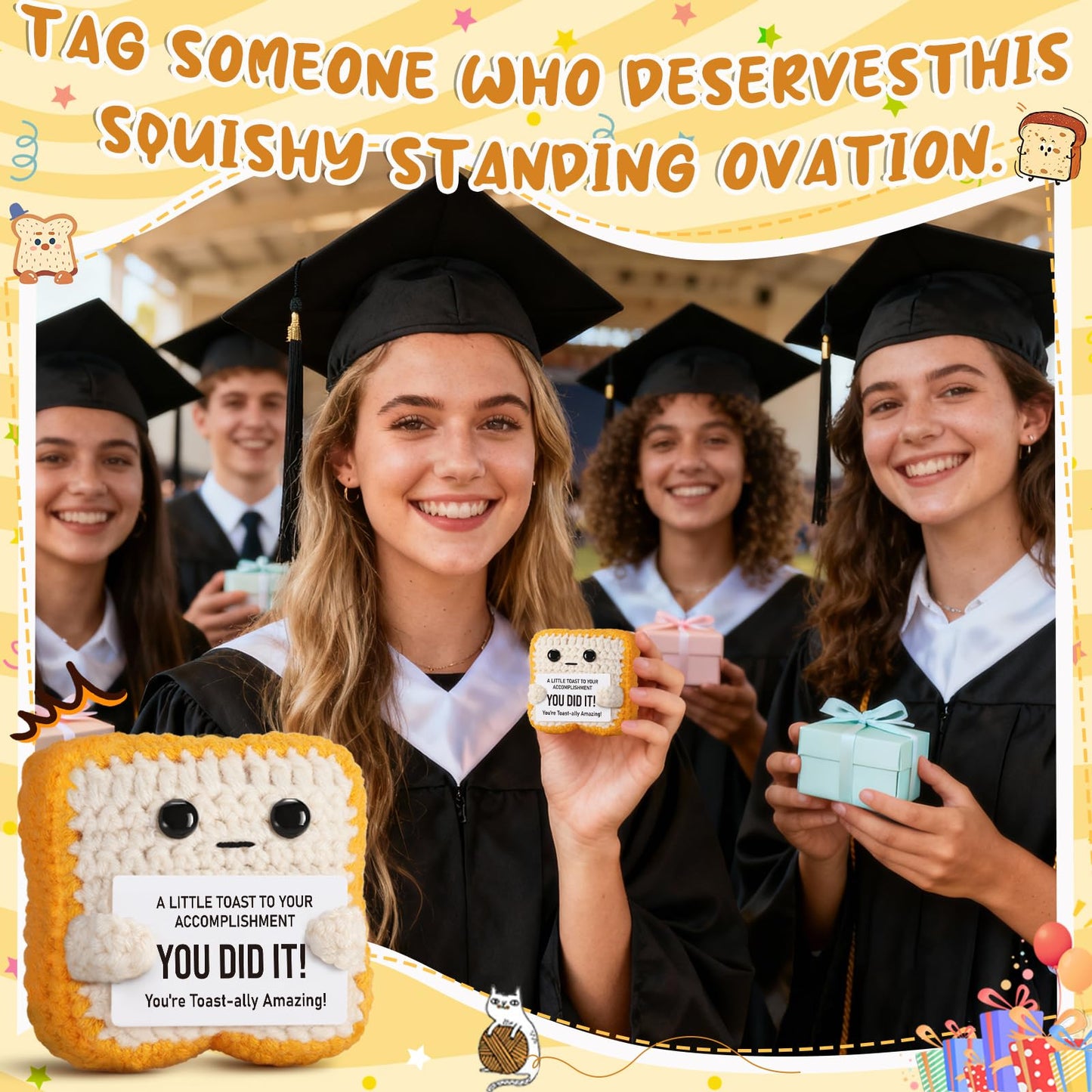 Crochet Toast Congratulations Gifts for Women - You Did It Card for Friends, Students, Coworkers, Teachers – Motivational College Highschool Graduation Decoration for Her Him