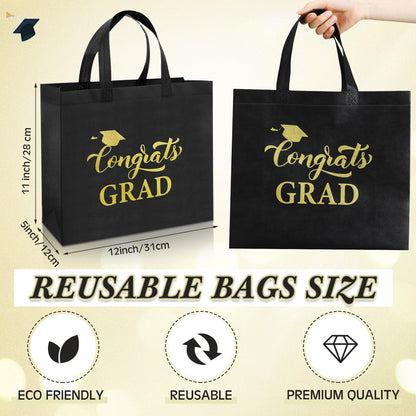 Sweetude 50 Pcs Graduation Gift Bags Bulk with Handles Reusable Congrats Grad Non Woven Tote Bags 12 x 11 x 5 Inches Black and Gold Graduation Party Favors for College High School Party Supplies