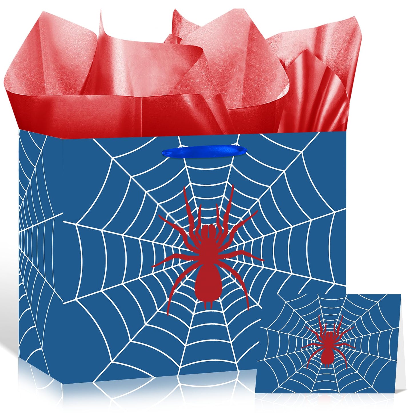 Yomaiha Blue Spider Birthday Gift Bag Spider Party Paper Bags with Handles Tissue Paper and Card Blue Spider Webs Wrapping Bag Spider Party Decorations for Men Girls Boys Birthday Supplies