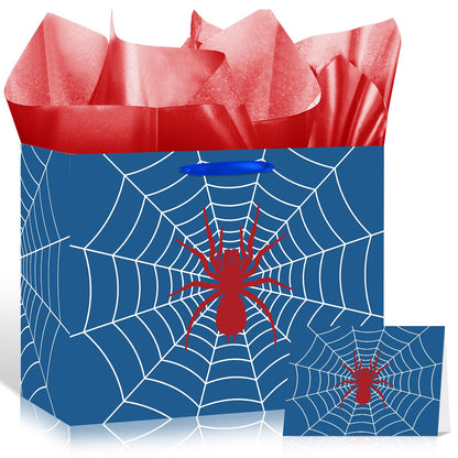 Yomaiha Blue Spider Birthday Gift Bag Spider Party Paper Bags with Handles Tissue Paper and Card Blue Spider Webs Wrapping Bag Spider Party Decorations for Men Girls Boys Birthday Supplies
