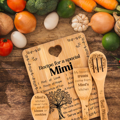 Mimi Gifts - "Recipe for a Special Mimi" Gift for Mimi Cutting Board Set, Bamboo-Made Engraved Utensil Set Best Mimi Ever Presents Cutting Board, Mothers Day Gifts for Mimi.