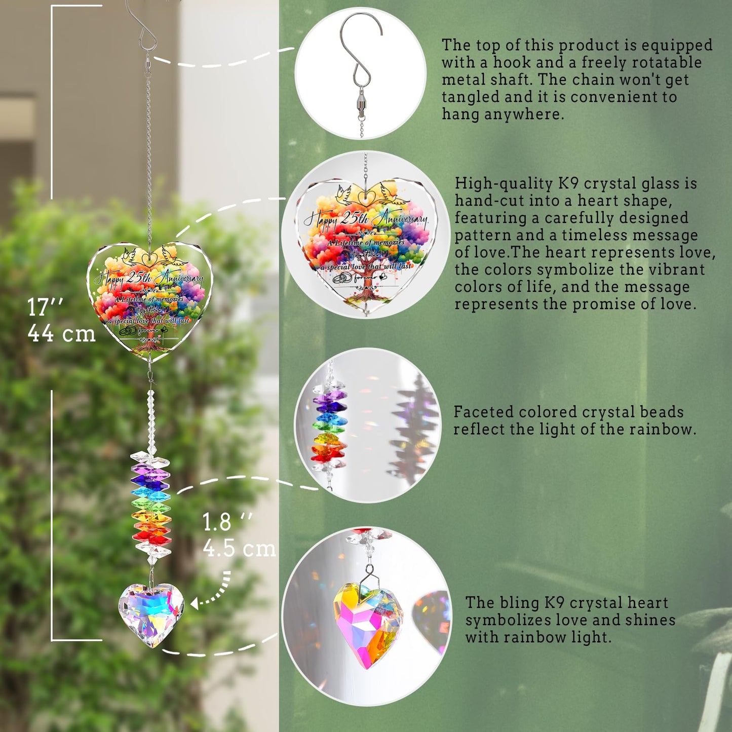 25th Anniversary Suncatcher Gifts for Couples, Wife, 25 Years of Marriage Crystal Hanging Heart Rainbow Maker Keepsake Home Garden Decor