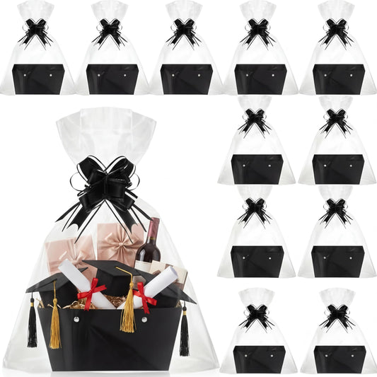 Colarr 12 Pack Baskets for Gifts Empty Bulk Kraft Empty Gift Basket Kit with Handle Wrap Bag Bow DIY Cardboard Market Tray to Fill for Graduation Father's Day Wedding, 9.8" x 6.5" x 4.3"(Black)