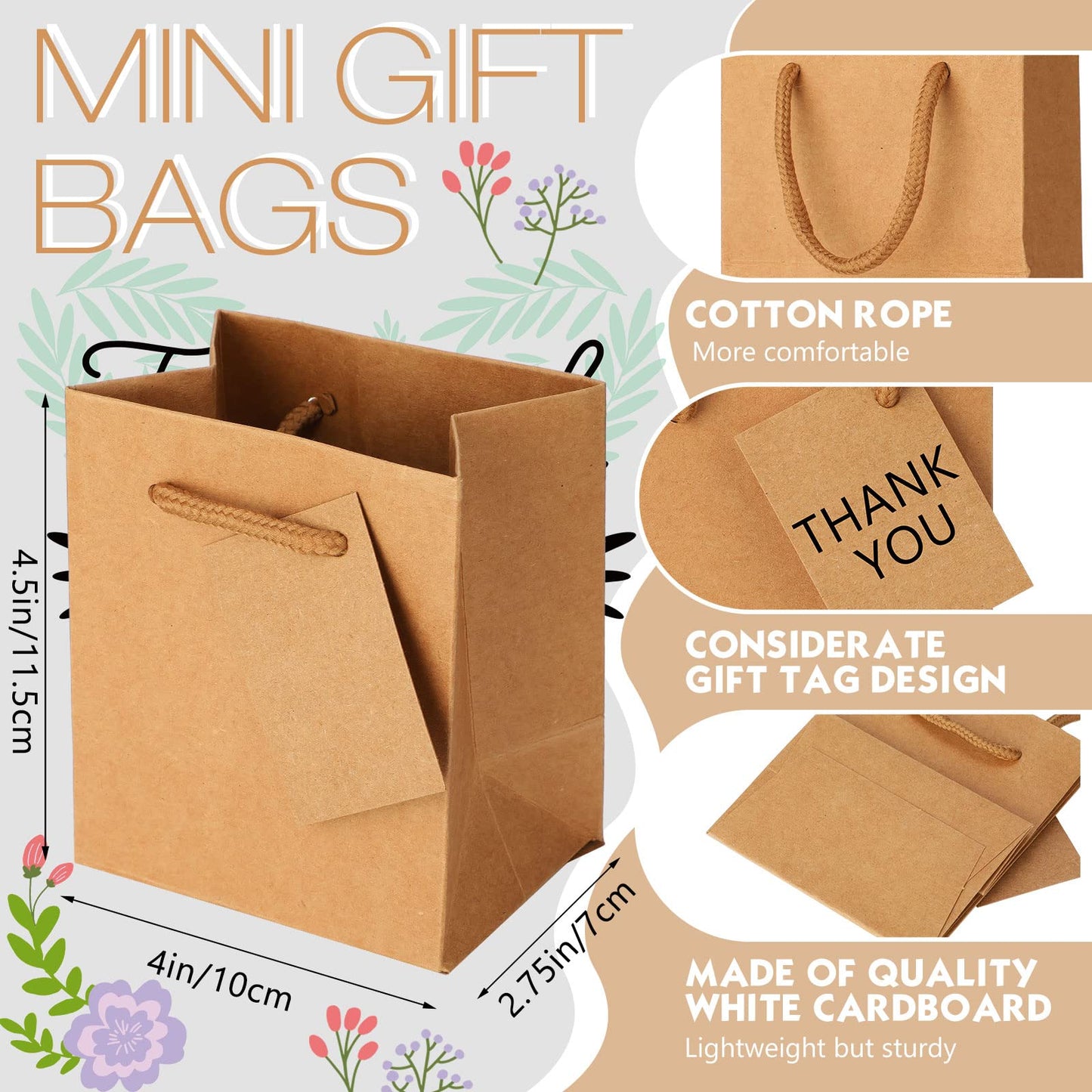 Sherr 100 Pcs Mini Gift Bags Bulk, 4 x 2.75 x 4.5 in Paper Bag with Tag, Extra Small Paper Gift Boxes with Handles for Birthday, Party Favor, Wedding, Small Business, Spring Easter(Brown)