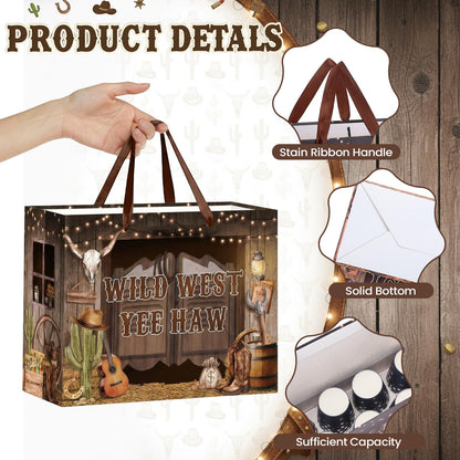 MOORIIY Western Cowboy Gift Bag with Tissue Paper and Greeting Card, Rustic Cowboy Birthday Gift Bag Wild West Wrapping Paper Bag for Boys Girls Birthday, Western Rodeo, Baby Shower Party Supplies