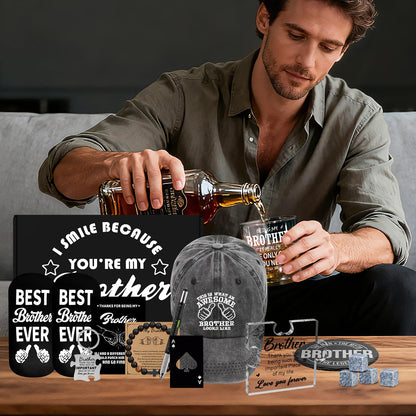 15 Pcs Brother Gifts from Sister Brother with 11 Oz Whiskey Glass Coaster Hat Socks Acrylic Plaque Bracelet Keychain, Birthday Christmas Christian Gift for Men Son Nephew Grandson