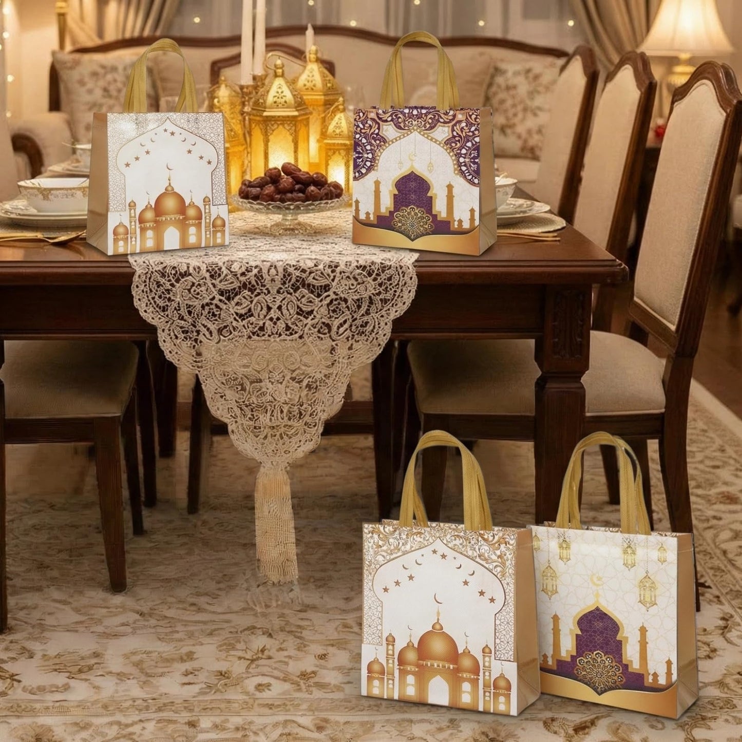 YVAINE 12pcs Ramadan Mubarak Gift Bags with Handles - Reusable Non-Woven Treat Bags 11.4 x 10.6 x 4.7 Inches, 4 Assorted Islamic Designs with Stars, Moon, Mosque & Lanterns for Eid Mubarak Sweets, Party Supplies, Holiday Gifting