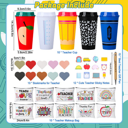 52 Pcs Teacher Appreciation Gifts Bulk 10 Set Thank You Teachers Gifts 16oz Plastic Cups with Lid Makeup Bags Bookmarks Pens Sticky Note Pads for Graduation Teacher’s Day Back to School