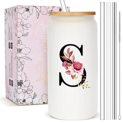 Personalized Gifts for Women, Monogrammed Frosted Glass Tumbler with Straw and Lid, Cute Customized Mug, Custom Initial Iced Coffee Glasses, Customizable Drinking Cup, Birthday Teacher Woman, S