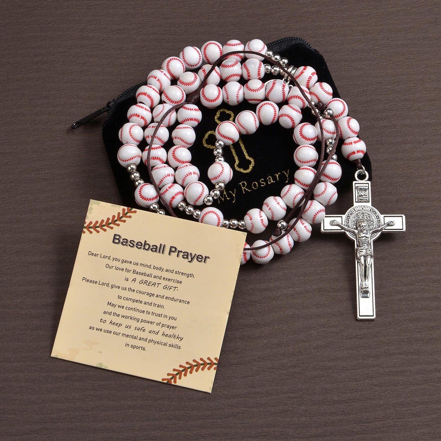 Basketball Bead Sports Necklace Catholic Rosary with Crucifix Cross Pendant Baptism Birthday Gift for Men Boys in Customized Velvet Bag