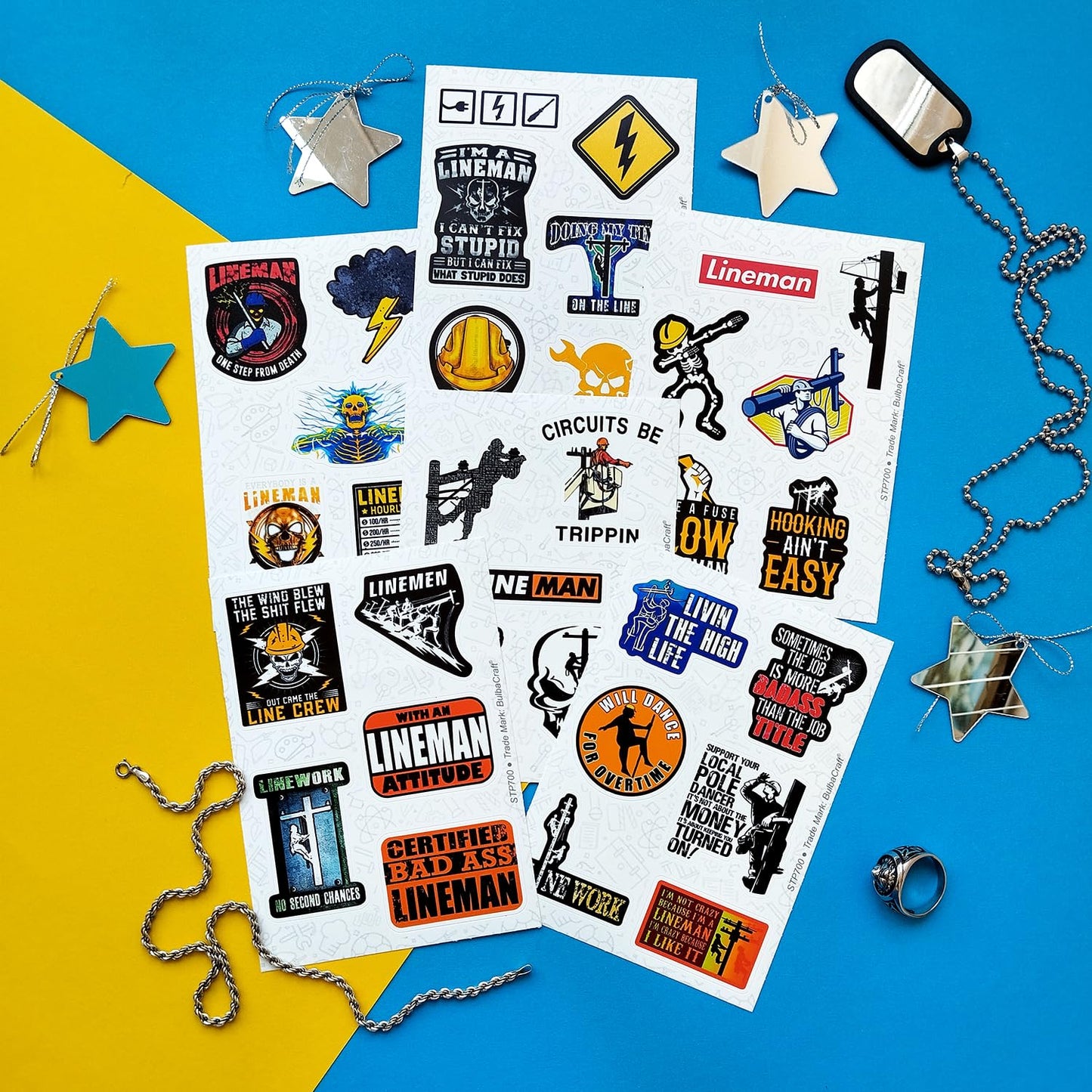 BulbaCraft 100Pcs Lineman Stickers for Hard Hats, Lineman Hard Hat Stickers, Line Worker Vinyl Decals - Line Worker Gifts for Men, Field Technician Party Decorations, Gifts for Women & Men