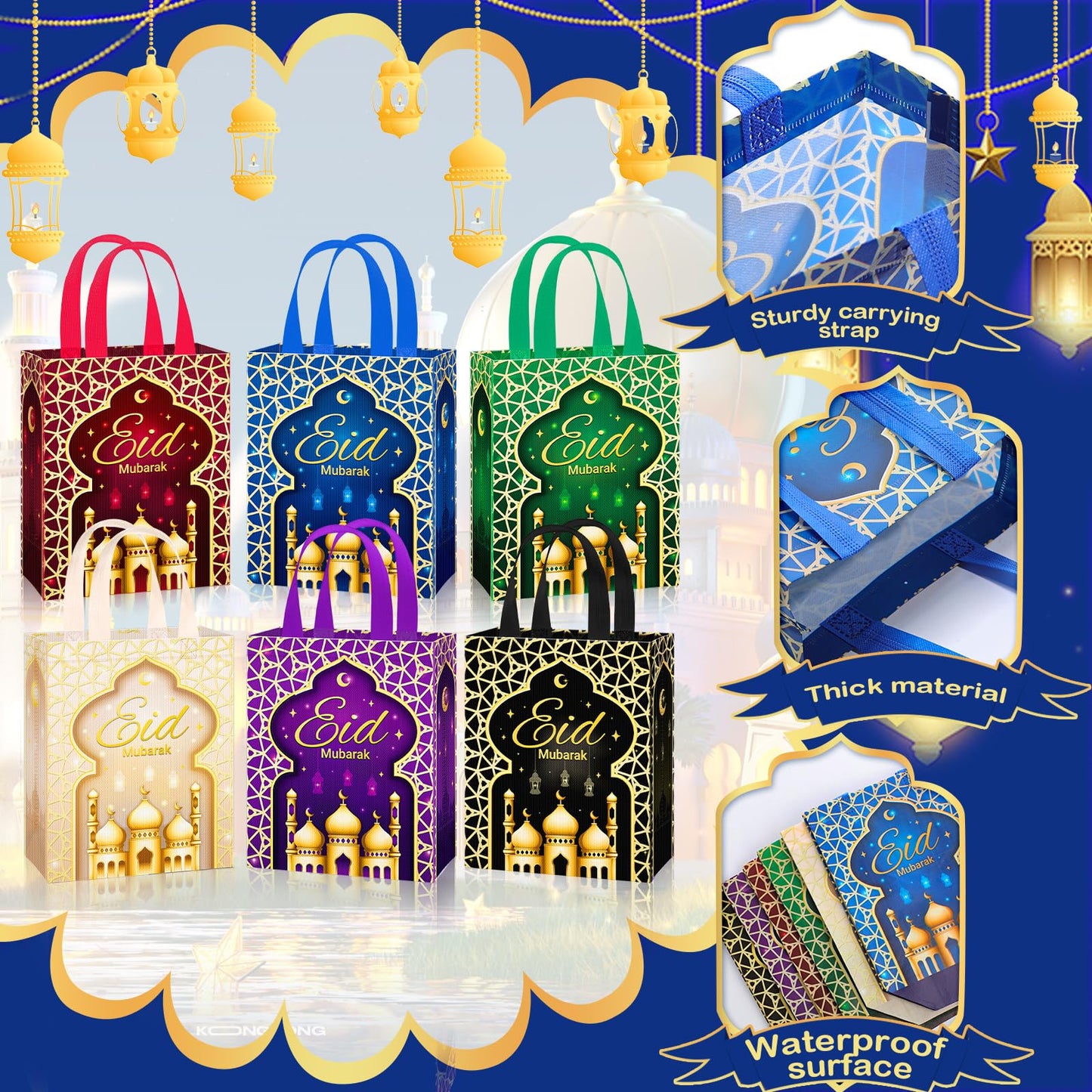 Clysee 24 Pcs Eid Mubarak Reusable Gift Bags With Handles - 6 Colors Non-Woven Ramadan Treat Bags - 10.2 x 8.3 x 3.9 Inch Tote for Gifts Wrapping