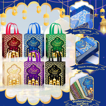 Clysee 24 Pcs Eid Mubarak Reusable Gift Bags With Handles - 6 Colors Non-Woven Ramadan Treat Bags - 10.2 x 8.3 x 3.9 Inch Tote for Gifts Wrapping