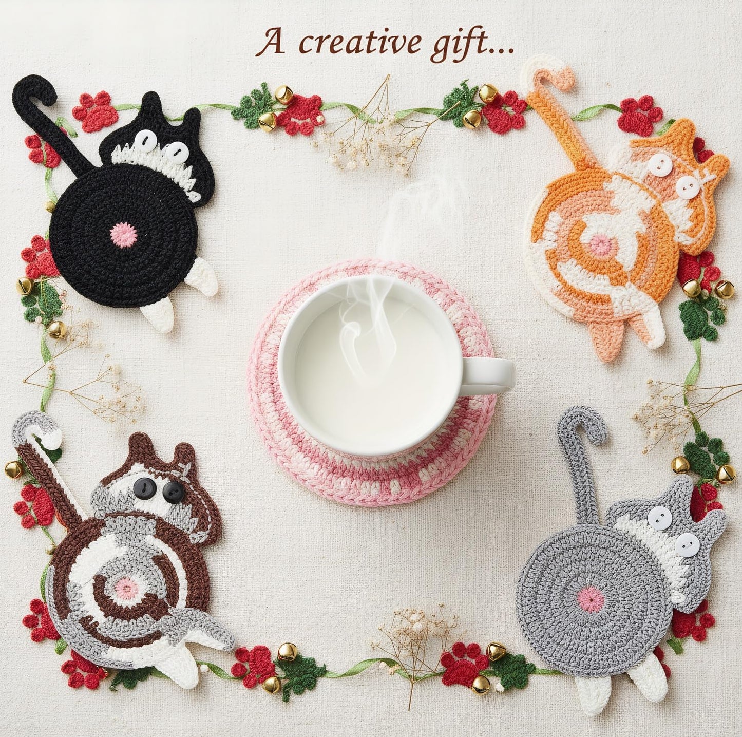Cat Coasters - Gifts for Cat Lovers,Non-Slip Heat-Resistant Coaster,Funny Gag Gifts,Perfect for Home Decor and White Elephant Exchang,Universal Table Guard for All Cups(4PC)