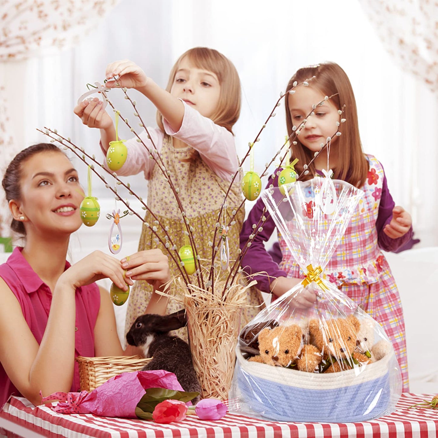 Labeol 50pcs Cellophane Bags 3 Sizes Cellophane Wrap for Gift Baskets 24x30 16x24 12x18 Large Clear Plastic Packaging Bags with 50 Pull Bows for Gift Wrapping