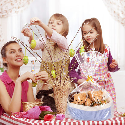 Labeol 50pcs Cellophane Bags 3 Sizes Cellophane Wrap for Gift Baskets 24x30 16x24 12x18 Large Clear Plastic Packaging Bags with 50 Pull Bows for Gift Wrapping