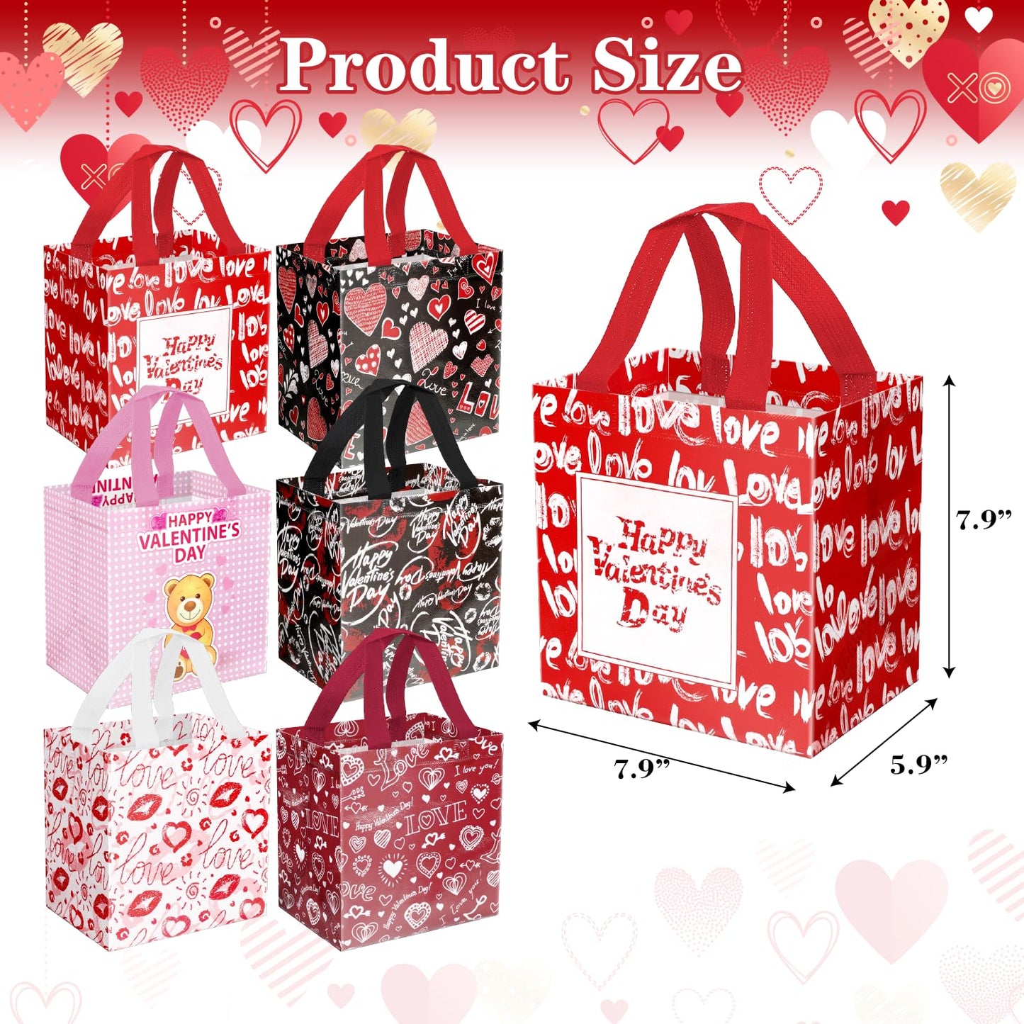 JWSCYSY 12Pack Happy Valentine's Day Reusable Tote Bags, Non-Woven Valentines Gift Bags with Handles for Valentine Party Favor, Gift Wrapping.