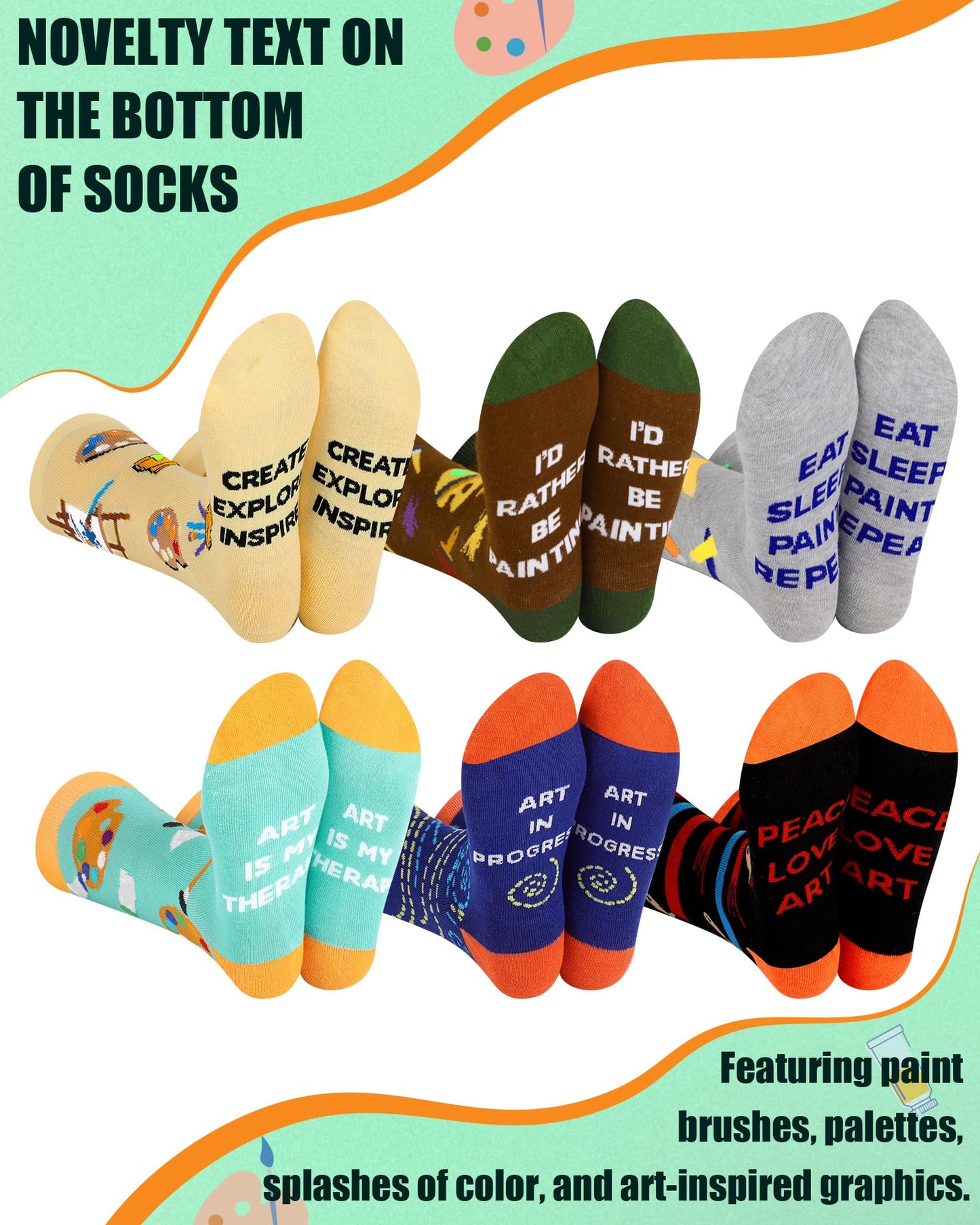 Berlune 6 Pairs Artist Socks for Women Men Funny Painting Crew Socks, Novelty Art Gifts for Painters, Art Teachers, Students