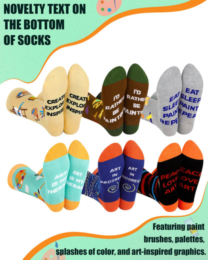 Berlune 6 Pairs Artist Socks for Women Men Funny Painting Crew Socks, Novelty Art Gifts for Painters, Art Teachers, Students