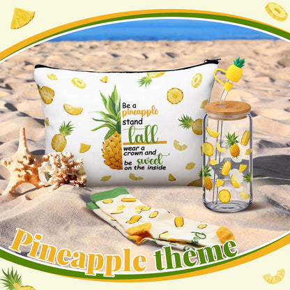 3 Pcs Pineapple Gifts Set for Women Bulk Summer Hawaiian Aloha Gifts for Mother's Day Pineapple Socks 16 oz Cute Drinking Glass Tumbler Cups with Lids and Straws Makeup Bags for Women Birthday Gift