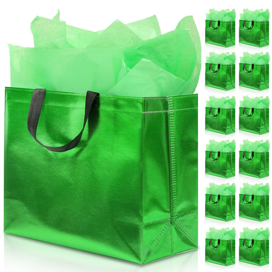 KeerxunBag 12Pcs Reusable Gift Bags（Includes Tissue Paper） Gift bag with handle Birthdays Parties Holidays Weddings Medium 13x5x11in Green Gift Bags