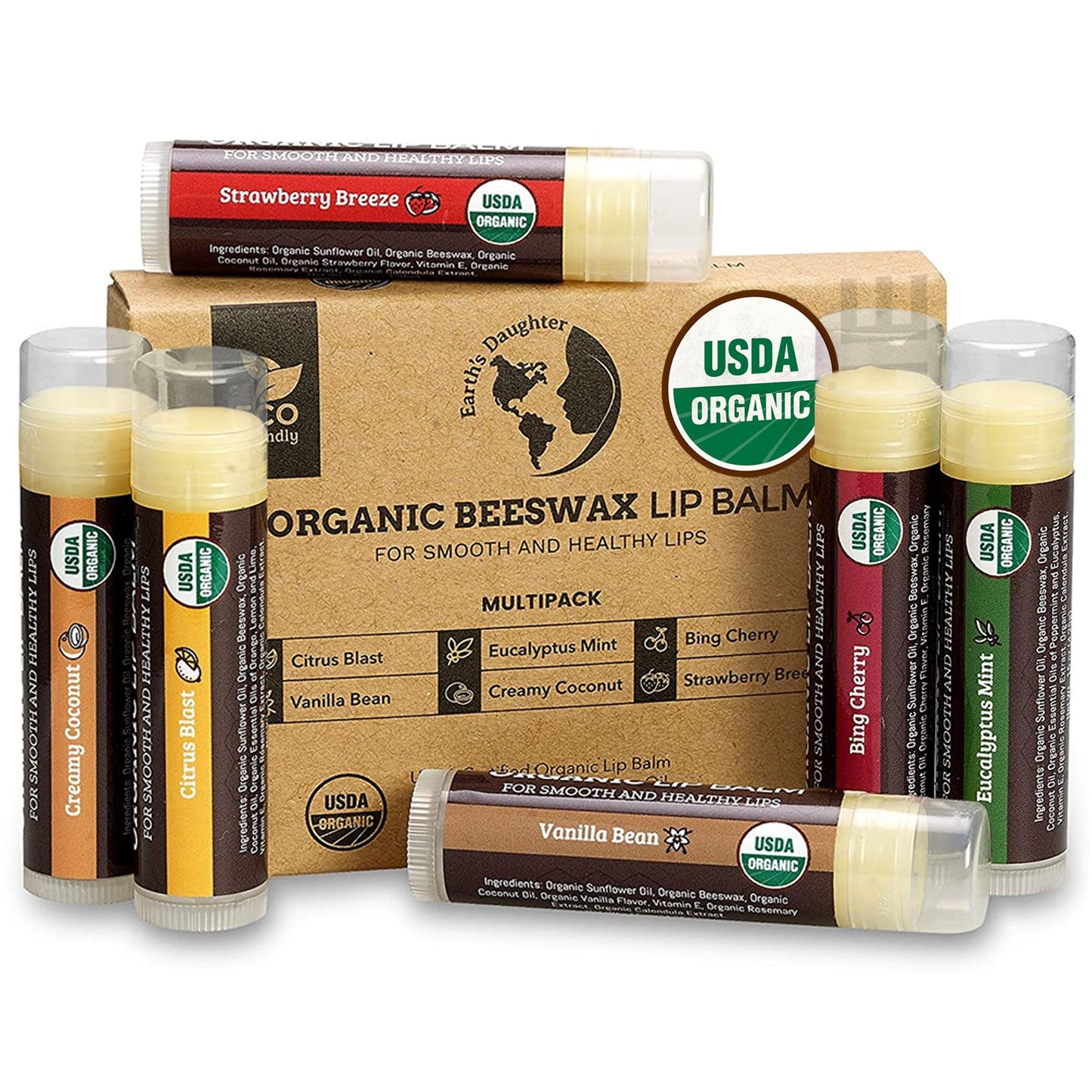 Earth's Daughter USDA Organic Lip Balm 6-Pack - Fruit Flavors, Beeswax, Coconut Oil, Vitamin E - Best Lip Repair Chapstick for Dry Cracked Lips - Moisturizing Lip Care