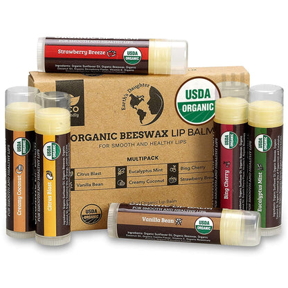 Earth's Daughter USDA Organic Lip Balm 6-Pack - Fruit Flavors, Beeswax, Coconut Oil, Vitamin E - Best Lip Repair Chapstick for Dry Cracked Lips - Moisturizing Lip Care