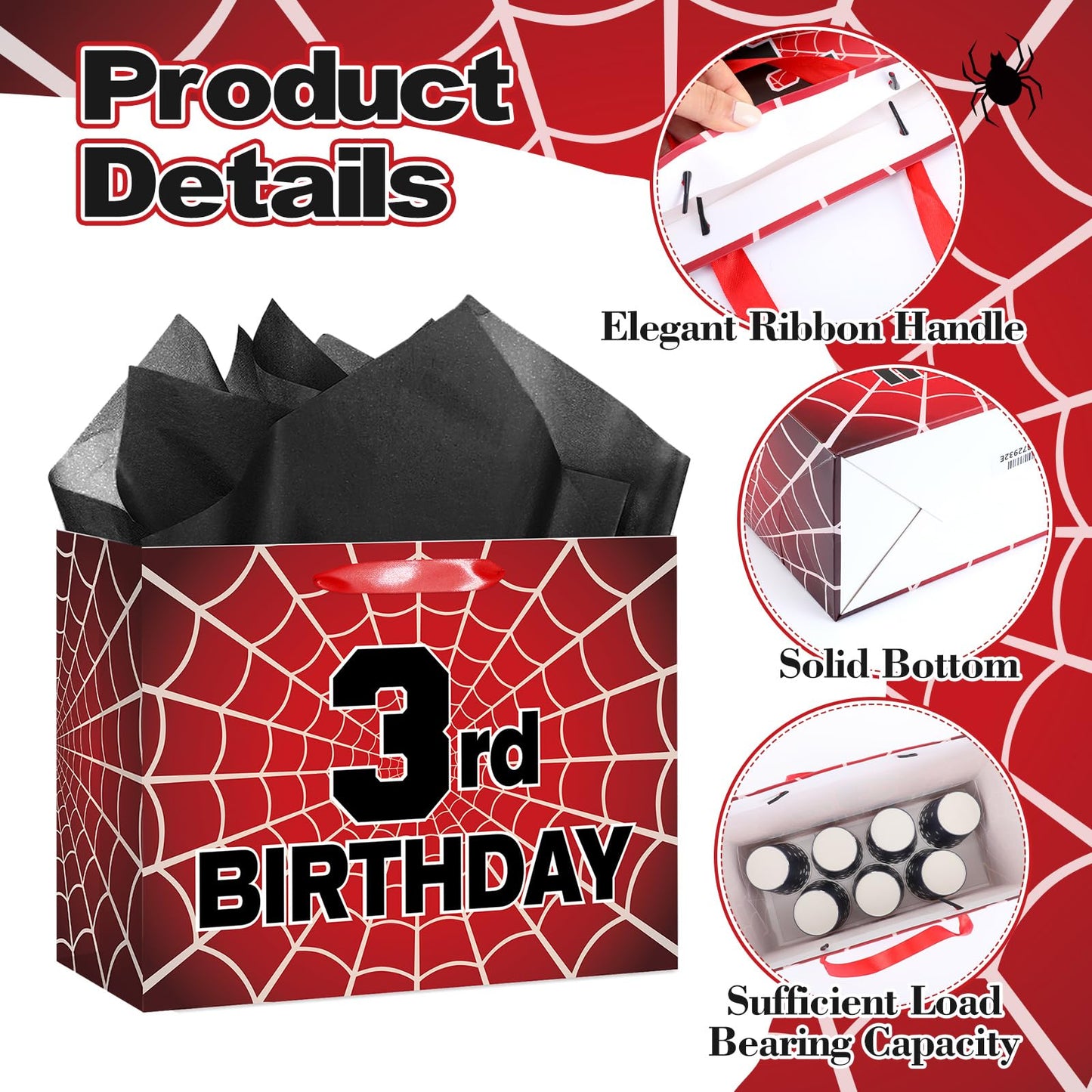 MOORIIY Spider 3rd Birthday Gift Bag with Card and Wrapping Paper, Spider 3rd Birthday Wrapping Paper Bag for Boys Red Black 3 Years Old Spider Web Bdy Decorations Supplies 11.8 x 9.4 x 5.3 inches