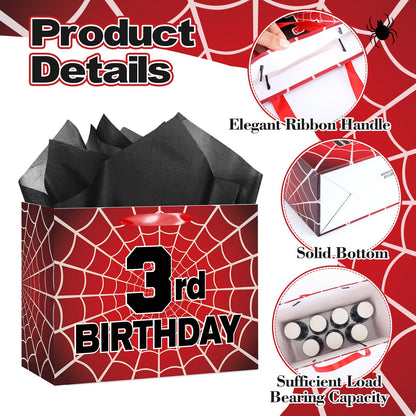 MOORIIY Spider 3rd Birthday Gift Bag with Card and Wrapping Paper, Spider 3rd Birthday Wrapping Paper Bag for Boys Red Black 3 Years Old Spider Web Bdy Decorations Supplies 11.8 x 9.4 x 5.3 inches