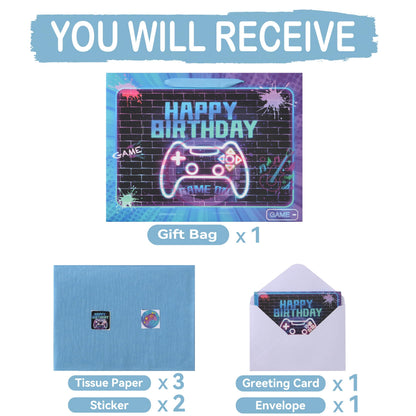 wishinside 16.5'' Extra Large Gamer-themed Birthday Gift Bag Set with Handles, Greeting Card, Tissue Papers and Stickers for Boys Girls Kids Teens Men Women, Game Design, 1 Pcs