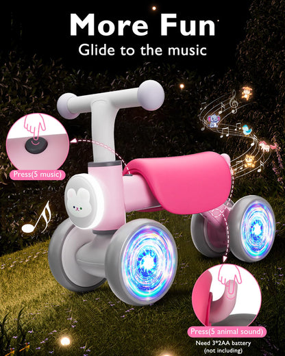 Doselie Toddler Outdoor Toys Balance Bike for 1 2 Year Old Girl Birthday Gifts,4 Wheels Colorful Lighting with Music Baby Balance Bike,Toddler Toys for 1st 2 Year Old