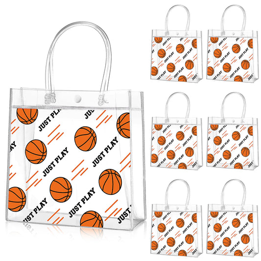 Aliceset 20 Pcs Basketball Clear Gift Bag with Handles Plastic Basketball Treat Plastic Sport Theme Favor Snack Bag for Team Game Rookie Year Birthday Decorations, 8 x 8 x 3.15 Inch