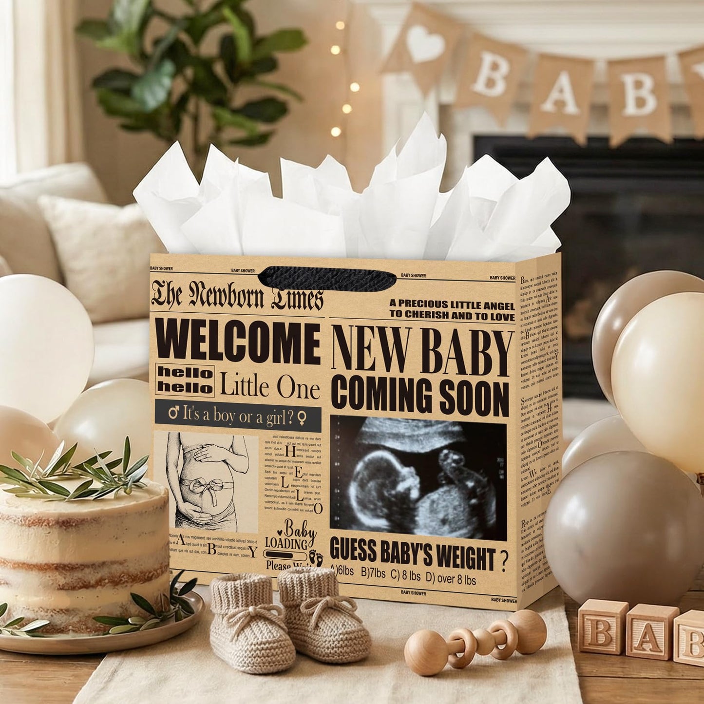 Loveinside 13" Large Baby Shower Newspaper Gift Bag, Vintage Welcome New Baby Design, Gender Neutral Kraft Party Bag with Tissue Paper for Pregnancy Announcement, Newborn Gifts, 13" x 5" x 10", 1 Pcs