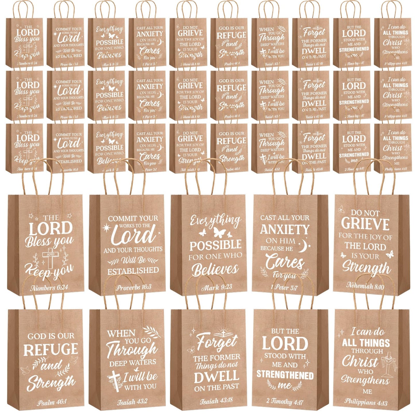 Chiisong 100 Pcs Christian Gift Bags, Fathers Day Religious Bible Verse Treat Bags with Handles Inspirational Church Scripture Bag for Women Wedding Baptism Birthday Party Favor(Kraft with White)