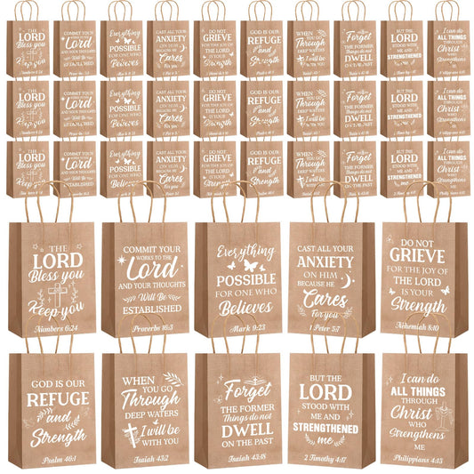 Chiisong 100 Pcs Christian Gift Bags, Fathers Day Religious Bible Verse Treat Bags with Handles Inspirational Church Scripture Bag for Women Wedding Baptism Birthday Party Favor(Kraft with White)